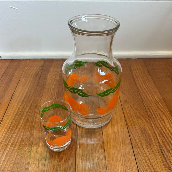 Vintage Anchor Hocking Orange Leaf Pattern, Carafe and Juice Glass set of 2 - Picture 5 of 8